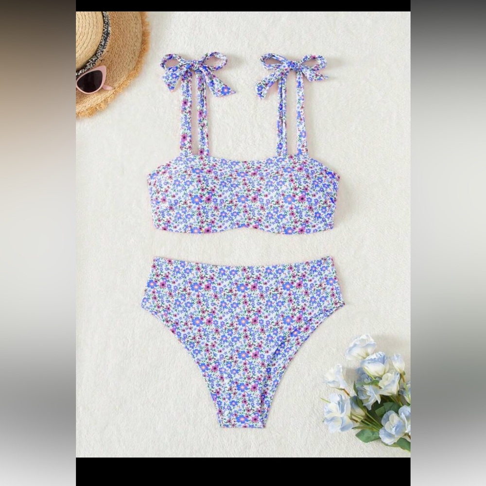 Chic Blue and Purple Bikini with Floral Design